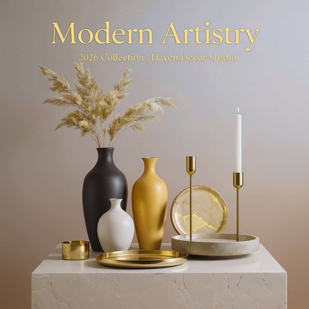 High-style product shot for magazine layout — sculptural curved vases, asymmetrical brass candleholders, resin trays, arranged on travertine pedestal. Neutral backdrop (sandstone gradient) with studio lighting. Add sleek metallic-gold headline “Modern Artistry — 2026 Collection | Haven Decor Studio.”