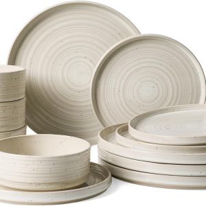 Stoneware Dinnerware Set for 4, 12-Piece Reactive Glaze Tableware in Shell Beige