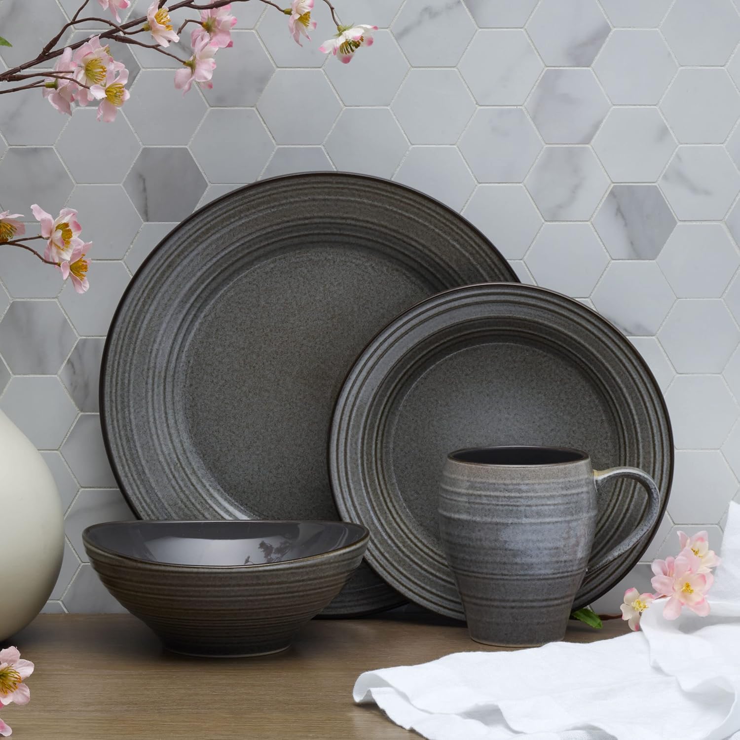 Mikasa Swirl Speckle 16-Piece Graphite Dinnerware Set